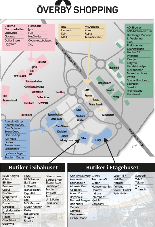 Karta över Överby Shopping med butiker, entréer och parkeringar